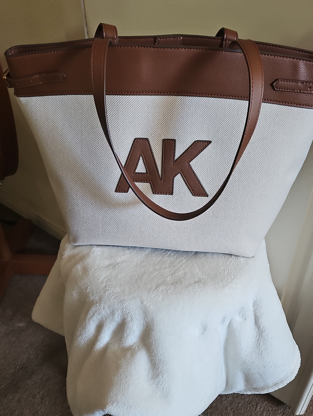 Ann Taylor White Canvas Tote with Brown Trim